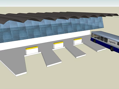 Modern Bus Station Exterior Featuring Wavy Black Roof Glass Facade And Parking Bays With Bus 3d model