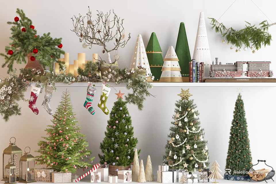 Commercial Christmas Decoration Display Equipment With Trees Socks Gifts And Festive Decorations 3d model 