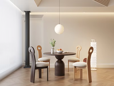 Modern Round Dining Table Set With Four Chairs Pendant Light Green Plant And Fruit Bowl 3d model