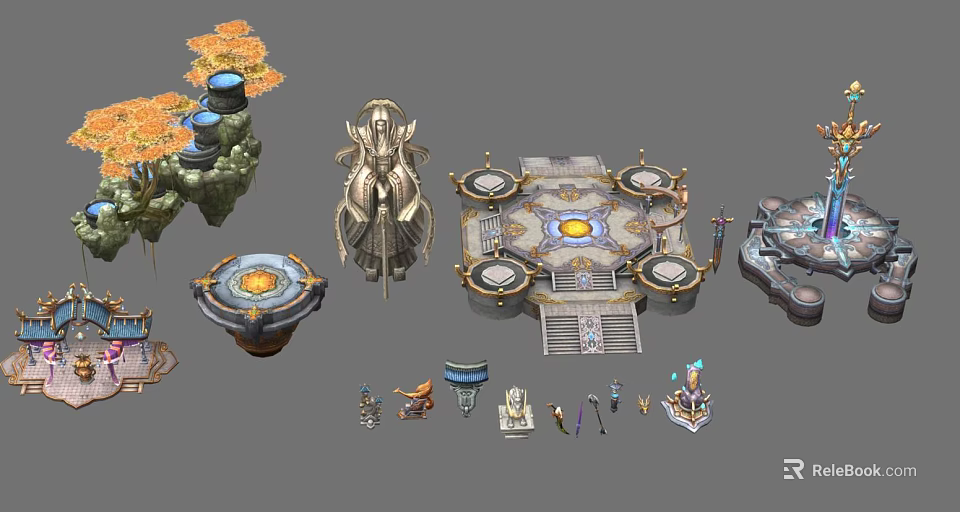 Fantasy Game Scene Elements With Ornate Platforms Golden Altars And Statues 3d model 