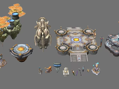 Fantasy Game Scene Elements With Ornate Platforms Golden Altars And Statues 3d model