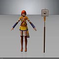 Anime Style Character With Red Hair Orange Yellow Outfit And Mechanical Creature With Lamp Like Head