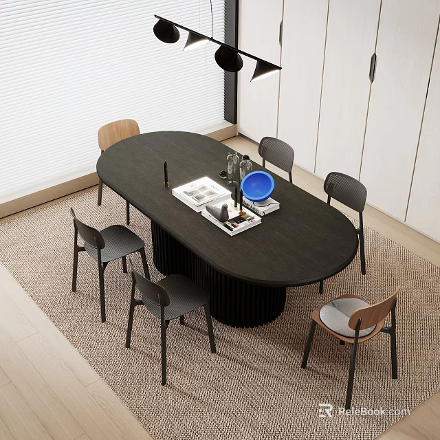 Modern Black Oval Dining Table Set With Six Chairs Magazines And Blue Plate 3d model 