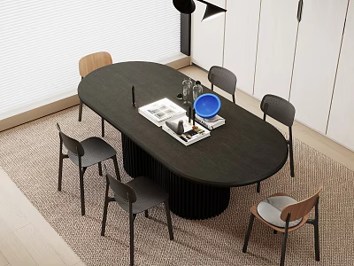 Modern Black Oval Dining Table Set With Six Chairs Magazines And Blue Plate 3d model