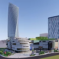 Modern Office Building Twin Towers With Green Roof And Central Plaza Garden
