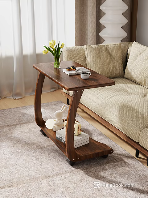 Wooden Side Table With Vase Flowers Books And Rabbit Decor By Beige Sofa On Rug 3d model 