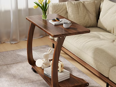 Wooden Side Table With Vase Flowers Books And Rabbit Decor By Beige Sofa On Rug 3d model
