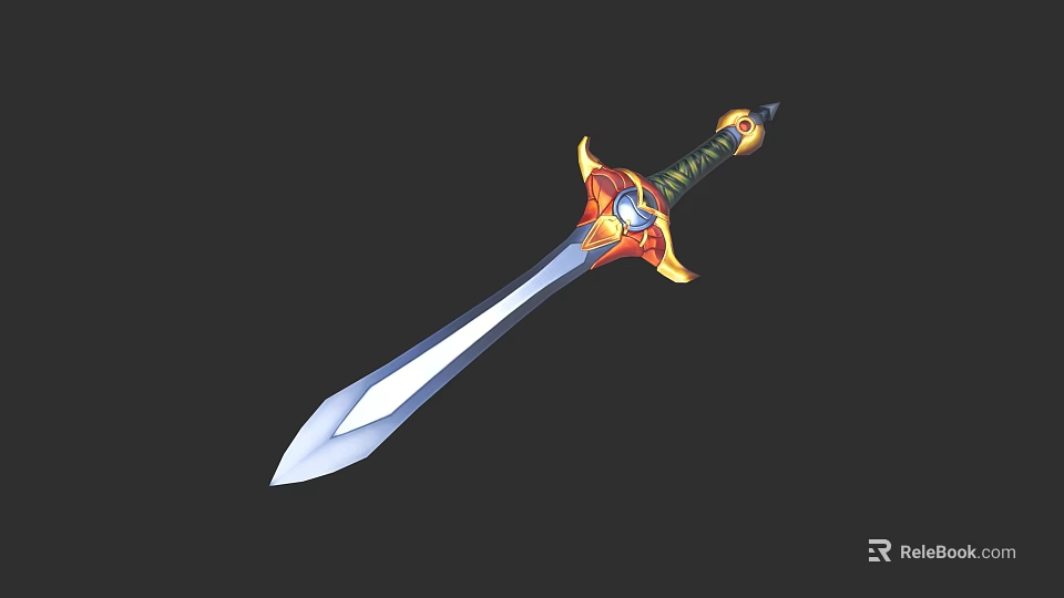 Decorative Fantasy Sword With Golden Red Accents And Silver Blade On Black Background 3d model 