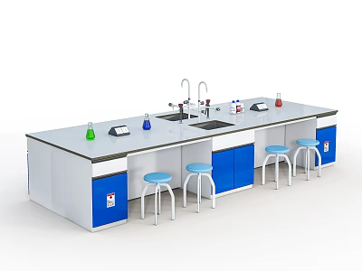 Modern Laboratory Workspace With Lab Bench Faucet Bottles Blue Cabinets And Stools 3d model
