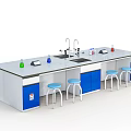 Modern Laboratory Workspace With Lab Bench Faucet Bottles Blue Cabinets And Stools