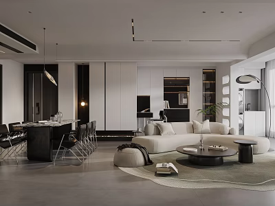 Modern Living And Dining Room Interior With Beige Sofa Dining Table And Hanging Lights 3d model