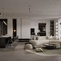 Modern Living And Dining Room Interior With Beige Sofa Dining Table And Hanging Lights