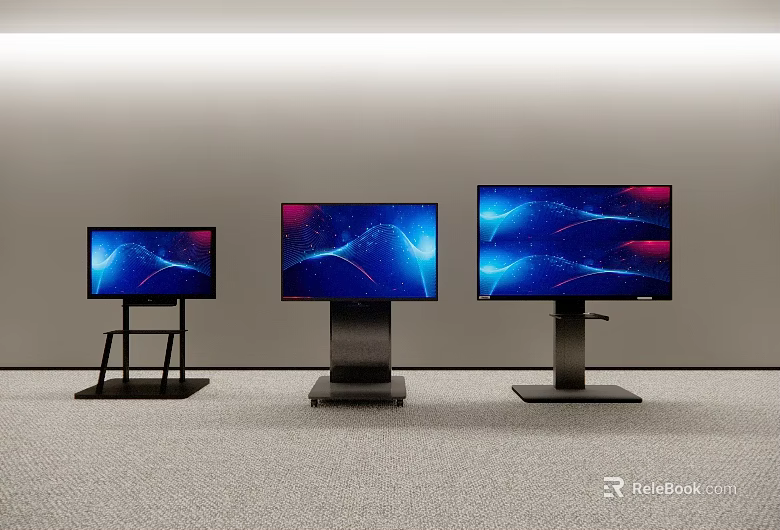 Three Different Sizes TVs With Black Stands On Gray Carpet Showing Colorful Dynamic Backgrounds 3d model 