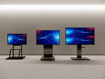 Three Different Sizes TVs With Black Stands On Gray Carpet Showing Colorful Dynamic Backgrounds 3d model