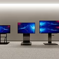 Three Different Sizes TVs With Black Stands On Gray Carpet Showing Colorful Dynamic Backgrounds