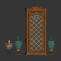 Traditional Wooden Cabinet With Lattice Window Design And Turquoise Brass Vases