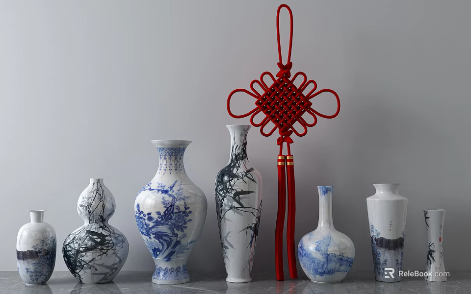 Traditional Chinese Ceramic Vessels Featuring Blue And White Patterns Various Shapes And Red Knot 3d model 