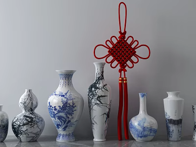 Traditional Chinese Ceramic Vessels Featuring Blue And White Patterns Various Shapes And Red Knot 3d model
