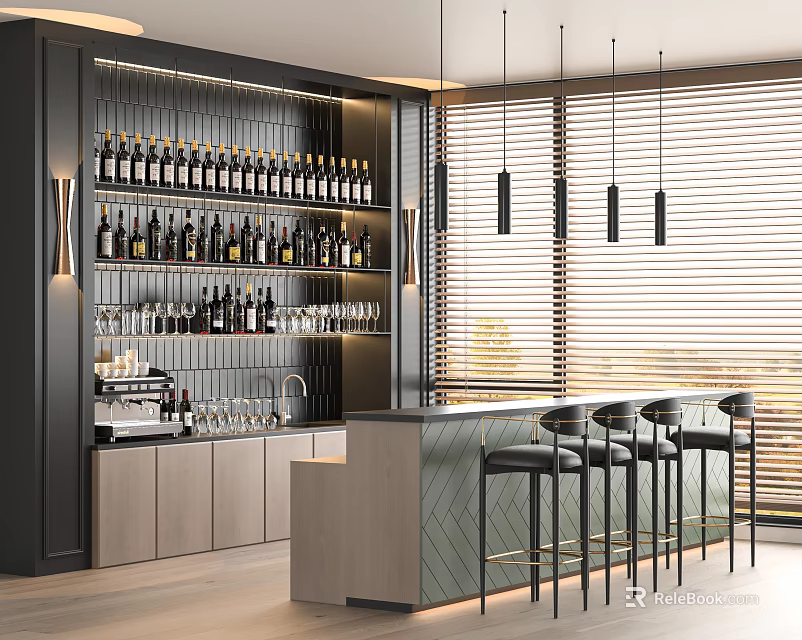 Modern Bar Interior With Wine Racks Bottles Bar Counter Stools And Hanging Lights 3d model 