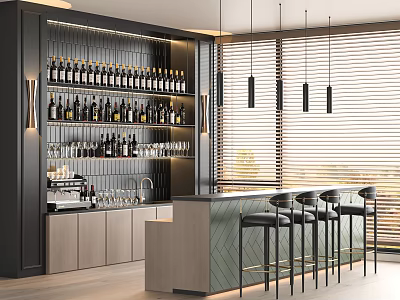 Modern Bar Interior With Wine Racks Bottles Bar Counter Stools And Hanging Lights 3d model