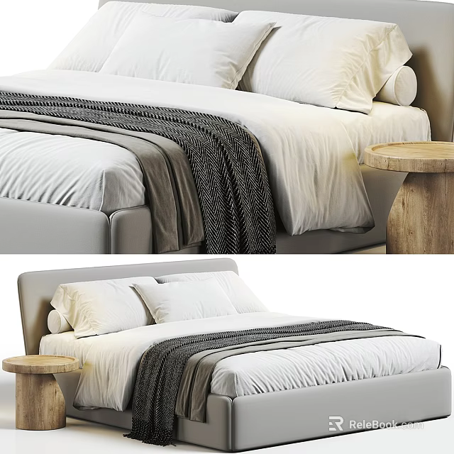 Modern Double Bed with White Sheets Pillows and Dark Gray Blanket Near Wooden Nightstand 3d model 