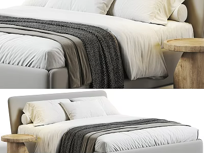 Modern Double Bed with White Sheets Pillows and Dark Gray Blanket Near Wooden Nightstand 3d model