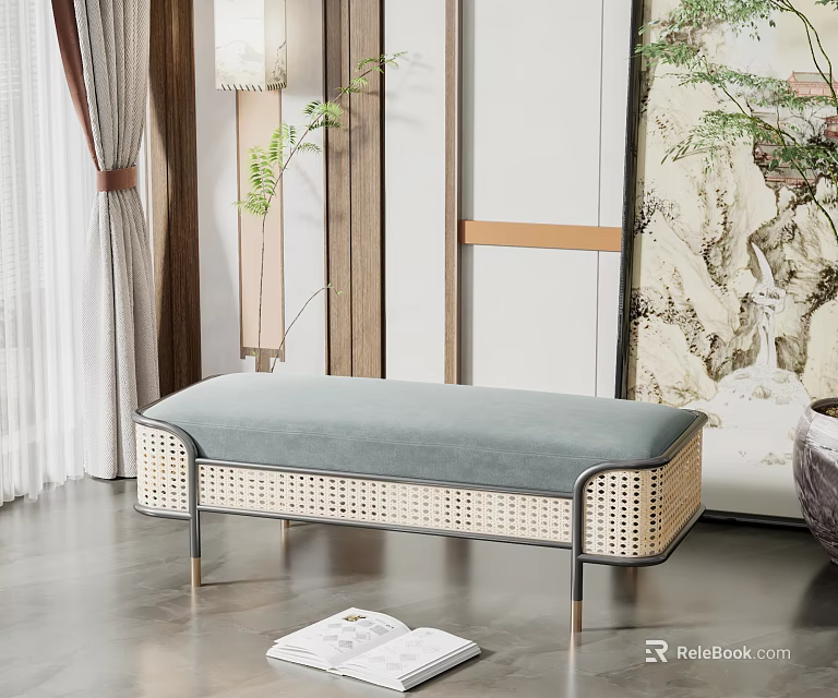 Modern Indoor Ottoman Design Featuring Grey Cushion Rattan Weave And Metal Frame 3d model 