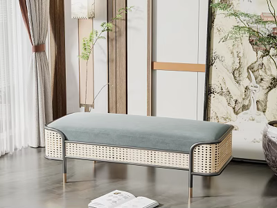 Modern Indoor Ottoman Design Featuring Grey Cushion Rattan Weave And Metal Frame 3d model