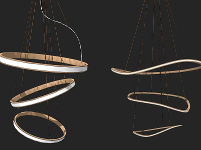 Modern Chandeliers With Circular Curved Structures Wooden Frames White Light Elements 3d model