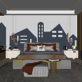 Modern Kids Room Interior With City Themed Wall Bed And Hanging Lights