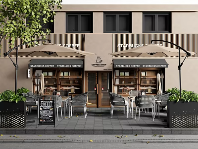 Starbucks Coffee Storefront With Outdoor Seating Area Umbrellas Green Plants And Menu Board 3d model