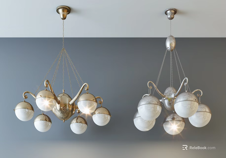 Lighted Modern Golden And Silver Chandeliers With Spherical Glass Shades Hanging From Ceiling 3d model 