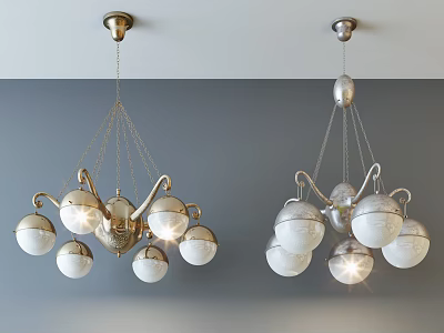 Lighted Modern Golden And Silver Chandeliers With Spherical Glass Shades Hanging From Ceiling 3d model
