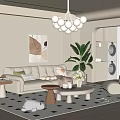 Modern Living Room Interior With Beige Sofa White Spherical Chandelier Floor Lamp And Geometric Rug