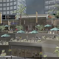 Vibrant Commercial Street With Tall Buildings Palm Trees Umbrellas Outdoor Seating And People