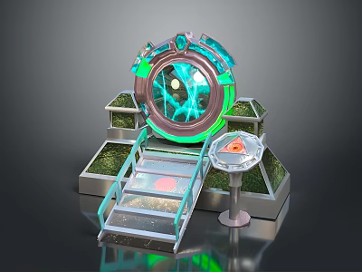 Futuristic Scene Components With Glowing Circular Glass Structure Green Aura Steps And Triangular Display Platforms 3d model