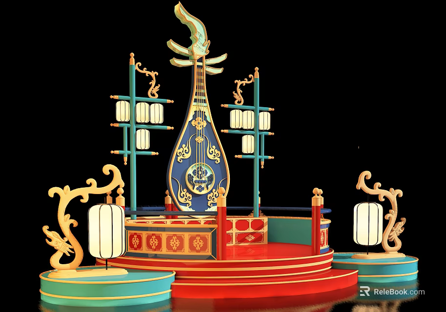 Traditional Chinese Style Photo Check In Spot With Lute Lanterns Dragon Carvings And Red Steps 3d model 