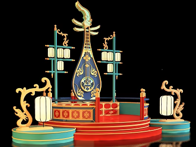 Traditional Chinese Style Photo Check In Spot With Lute Lanterns Dragon Carvings And Red Steps 3d model