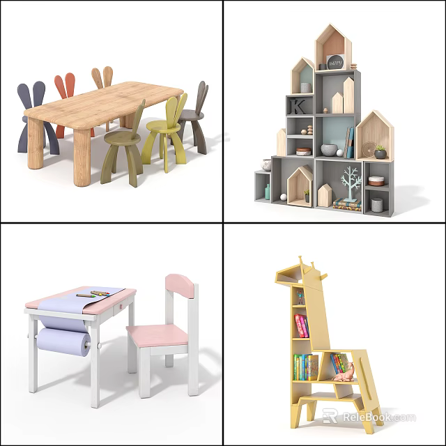 Kids Table With Colorful Chairs And Study Desk For Child Friendly Learning Space 3d model 