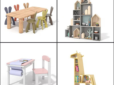 Kids Table With Colorful Chairs And Study Desk For Child Friendly Learning Space 3d model