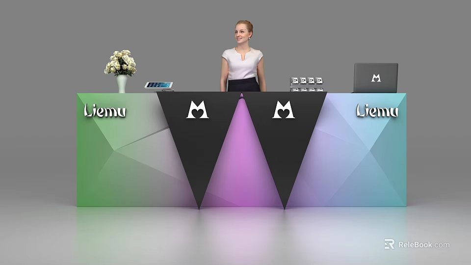 Colorful Geometric Reception Desk With Liemu Branding Vase Flowers And Laptop 3d model 