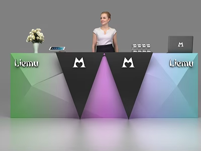 Colorful Geometric Reception Desk With Liemu Branding Vase Flowers And Laptop 3d model