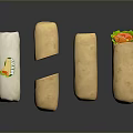 Sliced Burritos With Fresh Vegetables And Wrapped Packaging On Black Background