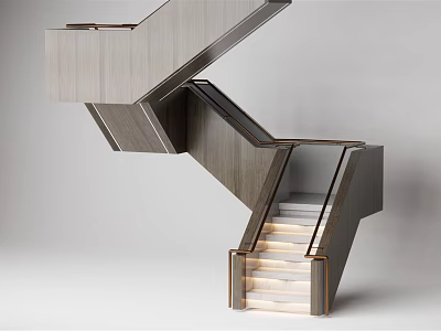 Modern Geometric Interior Staircase With Wooden Steps And Metal Handrail Design 3d model