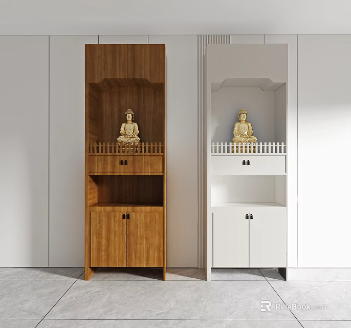 Modern Minimalist Buddhist Shrine Cabinets Wooden And White With Buddha Statues Drawers And Doors 3d model 