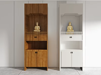 Modern Minimalist Buddhist Shrine Cabinets Wooden And White With Buddha Statues Drawers And Doors 3d model