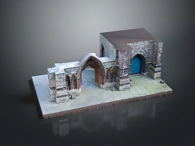 Medieval Stone Architecture Miniature Featuring Arched Entrance Blue Door and Weathered Details 3d model