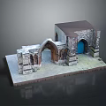 Medieval Stone Architecture Miniature Featuring Arched Entrance Blue Door and Weathered Details