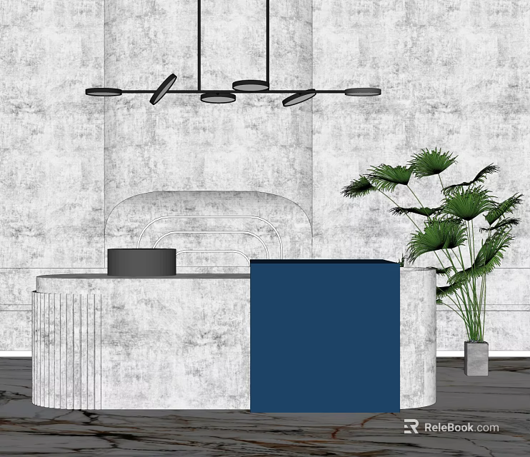Modern Gray And Blue Reception Desk With Hanging Pendant Lights And Green Palm Plant 3d model 