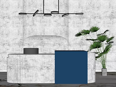 Modern Gray And Blue Reception Desk With Hanging Pendant Lights And Green Palm Plant 3d model